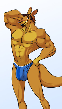abs anthro barazoku big_penis biped blue_clothing blue_underwear brown_body brown_eyes brown_fur brown_hair bulge clothed clothing detailed_bulge facial_hair fingers fist flaccid front_view fur genital_outline genitals goatee hair hand_behind_head hand_on_hip humanoid_hands looking_aside male muscular muscular_anthro muscular_arms muscular_male navel nipples pecs penis penis_outline pose short_hair simple_background smile solo standing tail topless topless_anthro topless_male underwear white_background ritts dcrest_(character) kangaroo macropod mammal marsupial 2011 colored pinup portrait three-quarter_portrait