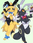 absurd_res anthro blush bodily_fluids breasts bunny_costume clothed clothing costume eeveelution fake_ears fake_rabbit_ears female fur generation_1_pokemon generation_2_pokemon hi_res jolteon kame_3 looking_at_viewer mammal nintendo pokemon pokemon_(species) smile sweat umbreon yellow_body yellow_fur