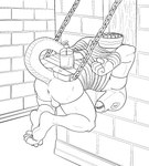 anthro anus arms_tied bdsm bondage bound clothing condom dungeon gimp_mask latex latex_clothing lube_bottle male mask presenting presenting_anus sexual_barrier_device solo tail tail_tied wearing_mask aitch hi_res monochrome