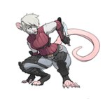 anthro armor breasts claws clothing crouching female fur grey_body grey_fur hair holding_knife holding_object knife leather leather_armor looking_up short_hair simple_background smile solo tail white_background white_hair taus mammal murid murine rat rodent 2018 digital_media_(artwork)