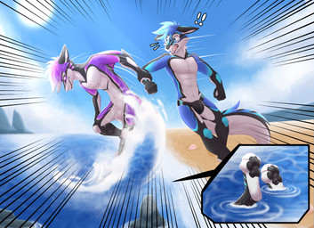 animal_genitalia animal_penis anthro arm_grab balls beach biped blue_body blue_eyes bulge canine_genitalia canine_penis claws clothed clothing duo fin fur genitals hair holding_onto_partner jockstrap male male/male membrane_(anatomy) nude on_ground open_mouth outside partially_submerged penis purple_body purple_eyes sand sea seaside sharp_teeth sky slim slim_anthro smile tail teeth topless underwear water white_body andyocelot daniel_(danielthejex) rodrisrell canid canine fish fox hybrid jex mammal marine shark hi_res