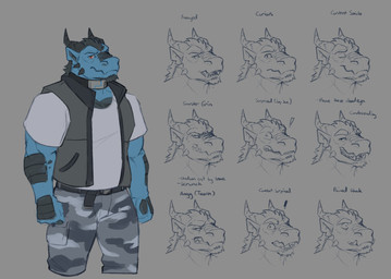 anthro belt blue_body blue_scales bottomwear camo camo_bottomwear camo_clothing camo_pants camo_print cargo_pants clothed clothed_male clothing collar grey_clothing grey_topwear grey_vest horn male male_anthro pants pattern_bottomwear pattern_clothing pattern_pants red_eyes scales shirt simple_background solo text topwear vest horrorbuns mythology remember_the_flowers saber_(remember_the_flowers) dragon mythological_creature mythological_scalie scalie 2025 english_text expression_sheet hi_res