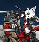 4_fingers anthro black_body black_fur blade brown_eyes duel duo fantasy fight fingers fur male medieval melee_weapon sword weapon white_body white_fur yellow_eyes ziegelzeig dante's_inferno dante_alighieri fan_character arctic_fox canid canine canis fox mammal true_fox wolf