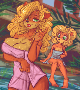 anthro barefoot big_breasts blonde_hair blush breast_envy breast_size_difference breasts cleavage clothed clothing dripping duo eyelashes feet female fur green_eyes hair lipstick makeup nude skinny_dipping small_breasts towel water wet wet_hair dimwitdog activision crash_bandicoot_(series) coco_bandicoot tawna_bandicoot bandicoot mammal marsupial 2020 absurd_res hi_res