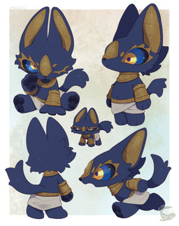 black_body black_fur black_pawpads blue_eyes chibi clothing egyptian egyptian_clothing fur gold_armlet gold_neckband male multiple_poses navel pawpads pose shendyt solo mochiri anubian_jackal canid canine canis jackal mammal absurd_res hi_res