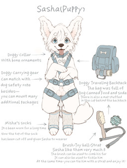 animal_genitalia anthro backpack balls bdsm belt big_tail blue_eyes bondage bound clothing collar fluffy fluffy_ears fluffy_hair fluffy_tail footwear fully_sheathed fur genitals hair male paws sheath shota smile socks solo tail text tongue tongue_out white_balls white_body white_fur white_hair young young_anthro young_male makioraku sasha_yuki canid canine canis domestic_dog mammal absurd_res english_text hi_res