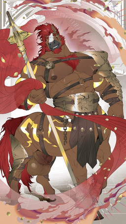 abs arm_tattoo armor balls beard biceps brown_body brown_fur brown_hooves cuisse deltoids ear_piercing ear_ring eye_scar eyebrow_piercing eyebrow_ring facial_hair facial_piercing facial_scar foreskin fur genitals hair holding_melee_weapon holding_object holding_polearm holding_spear holding_weapon hooves leather leather_armor looking_at_viewer male manica melee_weapon obliques pecs penis piercing polearm pteruges red_hair ring_piercing scar solo spear tail tattoo weapon yellow_eyes big_treeeee alvintanubis xavier_(alvintanubis) equid equid_taur equine equine_taur horse horse_taur mammal mammal_taur taur 2025 9:16 hi_res