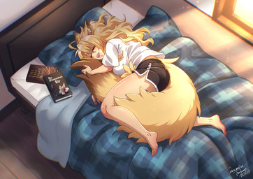 barefoot bed blonde_hair bodily_fluids book bottomwear breasts clothing dipstick_tail drooling eyebrow_through_hair eyebrows eyelashes eyes_closed fangs feet female fluffy fluffy_tail furniture hair humanoid_feet lying markings on_side pillow plantigrade saliva shirt shorts sleeping solo tail tail_between_legs tail_hug tail_markings teeth topwear translucent translucent_hair crescentia_fortuna animal_humanoid canid canid_humanoid canine canine_humanoid fox_humanoid humanoid mammal mammal_humanoid 2026 dated signature