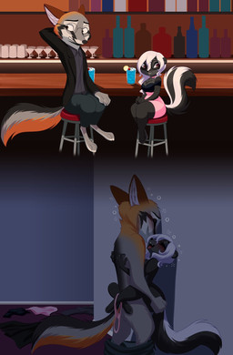 ambiguous_penetration anthro anthro_on_anthro anthro_penetrated anthro_penetrating anthro_penetrating_anthro bar black_body black_fur blush breasts clothed clothing clothing_around_one_leg detailed_background drunk drunk_sex duo eyewear female female_penetrated fully_clothed fur furniture glasses grey_body grey_fur hair hug inside leg_wrap looking_pleasured male male/female male_penetrating male_penetrating_female open_mouth open_smile panties panties_around_one_leg panties_down partially_clothed penetration sex sitting smile stand_and_carry_position standing standing_sex stool substance_intoxication underwear underwear_around_one_leg underwear_down white_body white_fur white_hair skelly_doll diana_rayablanca miles_(milesupshur47) canid canine fox mammal mephitid skunk striped_skunk comic hi_res