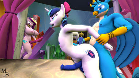 accessory animal_genitalia animal_penis anthro areola arm_grab arm_pull bed big_breasts blue_eyes bow_(feature) bow_accessory bow_ribbon breasts centered_hair_bow equine_genitalia equine_penis erection femboy from_behind_position furniture genitals group gynomorph hair_accessory hair_bow hair_ribbon horn intersex male male/male medial_ring nipples nude penis prison_guard_position purple_eyes ribbons sex wings masterbrony friendship_is_magic hasbro my_little_pony mythology bottom_armor_(lefthighkick) gallus_(mlp) princess_cadance_(mlp) shining_armor_(mlp) avian equid equine gryphon mammal mythological_avian mythological_creature mythological_equine unicorn 16:9 3d_(artwork) digital_media_(artwork) hi_res source_filmmaker_(artwork) widescreen