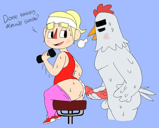 accessory after_orgasm anthro avian_caruncle balls beak bedroom_eyes biped black_eyes blonde_hair blush bodily_fluids butt chair clothed clothed/nude clothed_male clothing comb_(anatomy) cum cum_on_butt cum_on_partner dewlap_(anatomy) dialogue dumbbell duo erection exercise eyes_closed feathered_wings feathers femboy footwear furniture genital_fluids genitals glans hair half-closed_eyes hand_on_hip head_crest headband holding_penis human_on_anthro humanoid_genitalia humanoid_hands humanoid_penis interspecies leggings legwear looking_at_another looking_at_partner looking_back looking_pleasured male male/male narrowed_eyes nude open_beak open_mouth open_smile orange_beak partially_clothed pecs penis pink_clothing pink_glans pink_legwear pink_penis ponytail red_clothing red_nose red_topwear seductive shirt shoes side_view sigh sitting small_waist smile standing sweat tail tail_feathers tan_balls tank_top text thick_thighs topwear vein veiny_penis wattle weightlifting weights white_balls white_body white_feathers wide_hips winged_arms wings workout roccorox animal_crossing nintendo goose_(animal_crossing) villager_(animal_crossing) avian bird chicken galliform human mammal phasianid 2018 aliasing digital_drawing_(artwork) digital_media_(artwork) english_text