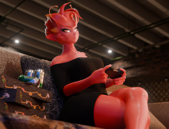 antennae_(anatomy) bare_shoulders black_clothing black_dress blurred_background box breasts can clothed clothing container controller crossed_legs dress female furniture game_controller gaming glistening glistening_body glistening_skin glowing glowing_eyes holding_controller holding_game_controller holding_object humanoid_pointy_ears inside medium_breasts not_furry off_shoulder on_sofa orange_sclera pizza_box playing_video_game pointy_ears pseudo_hair red_body red_skin sitting sitting_on_sofa sofa solo thick_thighs rosoero samzan_(modeler) dota valve mireska_sunbreeze_the_dark_willow fairy humanoid 3d_(artwork) digital_media_(artwork) hi_res