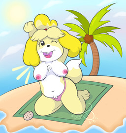 anthro areola beach beach_towel blonde_hair breasts buckteeth camel_toe clothed clothing dipstick_tail female fur hair markings mostly_nude multicolored_tail navel nipples open_mouth open_smile outside palm_tree plant seaside smile solo sun tail tail_markings teeth tongue topless towel tree water white_body white_fur yellow_body yellow_fur thirstspace animal_crossing nintendo isabelle_(animal_crossing) canid canine canis domestic_dog mammal sand_dollar hi_res signature unavailable_at_source