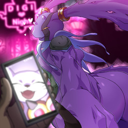 big_butt breasts butt dark-skinned_human duo electronics facial_markings fangs female first_person_view hand_holding head_markings heart_symbol holding_object holding_phone holy_ring horn human_pov imminent_sex larger_female looking_at_viewer love_hotel markings phone photo purple_body size_difference small_breasts smile smirk teeth yellow_eyes gerusyu bandai_namco digimon angel cherubimon cherubimon_(evil) digimon_(species) gatomon human mammal 1:1 absurd_res hi_res