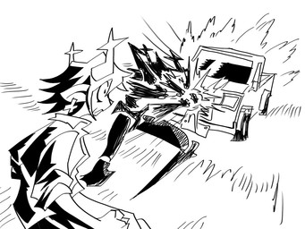 anthro antlers duo female female_anthro horn piercing punch shocked tense truck vehicle wide_eyed dillmen101 deltarune undertale_(series) dess_holiday roaring_knight deer mammal new_world_deer reindeer 4:3 monochrome