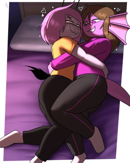 anthro bedroom brown_hair clothing cuddling duo eyewear footwear freckled_face freckles glasses hair heart_symbol hearts_around_head looking_at_another looking_at_partner love male orange_clothing orange_shirt orange_topwear otto_(automatic) pillow pink_body pink_hair purple_bed_sheet purple_clothing purple_eyes purple_sweater purple_topwear purple_turtleneck rectangular_glasses round_glasses shark_tail shirt smile smiling_at_another smiling_at_partner socks sweater topwear turtleneck wearing_glasses white_body white_pillow katzenart tim_(fishgoggles) arthropod fish insect lepidopteran marine moth absurd_res hi_res