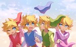 annoyed blonde_hair blue_eyes clothing group hair hat headgear headwear humanoid_pointy_ears light_body light_skin male not_furry open_mouth open_smile pointy_ears simple_background smile square_crossover entiqua four_swords nintendo the_legend_of_zelda wind_waker toon_link elf humanoid hylian hi_res