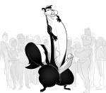 anthro art-act cock_transformation crowd genitals group looney_tunes male mammal mephitid monochrome orgasm penis pepe_le_pew public simple_background skunk transformation warner_brothers what white_background why