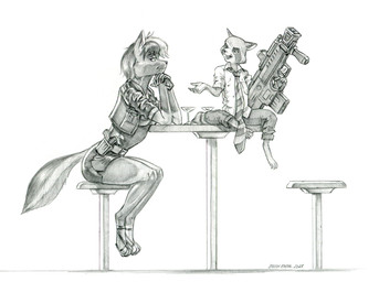 accessory anthro barefoot clothed clothed_female clothed_male clothing cocktail_glass container cup drinking_glass duo feet female footwear fur glass glass_container glass_cup gun hair handgun larger_female male markings necktie open_mouth pistol ranged_weapon ring_(marking) ringed_tail sandals shoes size_difference smaller_male striped_markings striped_tail stripes tail tail_markings weapon baron_engel guardians_of_the_galaxy marvel remi_(jurrel) rocket_raccoon canid canine fox mammal procyonid raccoon greyscale monochrome story story_in_description