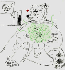 anthro bed fart fart_cloud fart_fetish farting_at_viewer farting_on_penis furniture gas group hookup male male/male roommate solo trio anonymous_artist canid canine canis coyote fox humanoid mammal