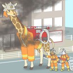 ambiguous_gender armor clothed clothing feral fire_engine firefighter group headgear helmet horn kemono ossicone smoke trio truck_(vehicle) vehicle ekaki510 canid canine canis domestic_dog giraffe giraffid mammal 1:1