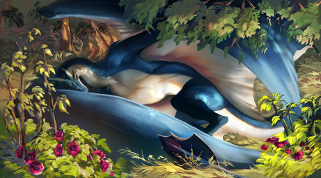 belly black_horn blue_body blue_scales detailed_background detailed_scales eyes_closed feral fin horn male membrane_(anatomy) membranous_wings multicolored_body on_ground plant pointy_ears scales sleeping solo tail tail_fin tree white_belly wings slappyshottest european_mythology mythology korvyn dragon mythological_creature mythological_scalie scalie western_dragon wyvern detailed hi_res