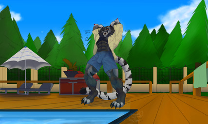 anthro arms_above_head bulge claws clothed clothing fence floor fluffy fluffy_tail forest looking_at_viewer looking_down looking_down_at_viewer male muscular muscular_anthro muscular_male neck_tuft open_mouth piercing plant pool_deck poolside sharp_teeth smile solo tail teeth text tongue tongue_piercing towel tree tuft wood wood_floor teymosoo perseus_(teymosoo) felid hybrid hyena mammal pantherine prehistoric_species saber-toothed_tiger tiger vampire werecreature werehyena absurd_res english_text hi_res