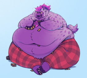 anthro barefoot belly big_belly bodily_fluids bottomwear clothing concentrating feet fur hair holding_card love_handles male morbidly_obese morbidly_obese_anthro morbidly_obese_male navel obese obese_anthro obese_male overweight overweight_anthro overweight_male pajama_pants pants pattern_bottomwear pattern_clothing pattern_pants plaid plaid_bottomwear plaid_clothing plaid_pants purple_body purple_fur purple_hair purple_tongue sitting solo sweat sweatdrop thick_thighs tongue tongue_out trading_card trading_card_game wide_hips bleucan oreocakes hasbro magic:_the_gathering wizards_of_the_coast nishkii hyena mammal absurd_res hi_res