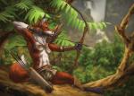 anthro arrow_(weapon) bow_(weapon) breasts clothing detailed_background female forest midriff plant quiver_(object) ranged_weapon small_breasts solo tree weapon deusexmoose canid canine fox mammal digital_media_(artwork) digital_painting_(artwork)