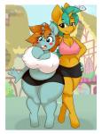 anthro belly big_breasts blush breast_grab breast_size_difference breasts buckteeth cleavage clothed clothing crossgender duo female hand_on_breast hand_on_hip horn huge_breasts midriff navel overweight overweight_female ponyville public simple_background slightly_chubby teeth thick_thighs wide_hipped_female wide_hips kloudmutt friendship_is_magic hasbro my_little_pony mythology snails_(mlp) snips_(mlp) equid equine mammal mythological_creature mythological_equine unicorn 2017 digital_media_(artwork) hi_res