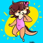 anthro blue_background blush brown_body clothing eyes_closed female hair one-piece_swimsuit simple_background smile solo swimwear zhibita mammal mustelid otter 1:1 digital_media_(artwork) signature