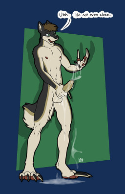 5_fingers anthro black_body black_fur bodily_fluids border brown_hair claws dialogue erection excessive_genital_fluids excessive_precum fingers fur genital_fluids genitals green_eyes hair long_claws long_nails looking_at_genitalia looking_at_own_penis looking_at_penis looking_at_self male masturbation nude open_mouth pawpads paws penile penile_masturbation penis precum simple_background solo standing tail tan_body tan_fur teeth text tongue transparent_border longblueclaw canid canine canis mammal wolf 2015 alpha_channel digital_media_(artwork) english_text hi_res