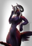 anthro bands breasts female hair horn long_hair long_tail purple_body red_eyes serious_face solo tail white_hair teragabba jordan canid canine canis mammal wolf wolf_demon hi_res