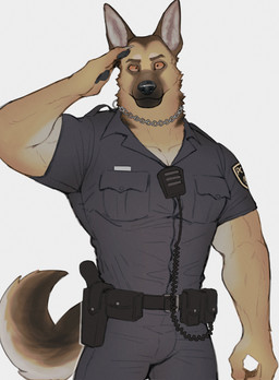 amber_eyes anthro belt biped black_nose black_paws brown_body brown_eyebrows brown_eyes brown_fur bulge chain_collar claws clothing collar eyebrows fur gesture gun looking_at_viewer male multicolored_body multicolored_fur muscular muscular_anthro muscular_male paws pecs police police_officer police_uniform ranged_weapon salute shirt simple_background solo tan_body tan_fur text text_on_clothing text_on_shirt text_on_topwear topwear uniform weapon white_background white_body white_claws white_fur white_inner_ear k0bit0wani canid canine canis domestic_dog german_shepherd herding_dog mammal pastoral_dog 2022 absurd_res digital_media_(artwork) hi_res