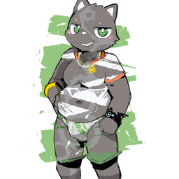 anthro black_body black_fur blush bulge cheeky detailed_bulge fist fur genital_outline grin half-closed_eyes looking_at_viewer male narrowed_eyes navel penis_outline simple_background smile solo sperm_cell white_background moesouna_gomi ringula domestic_cat felid feline felis mammal 1:1 2026