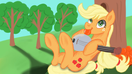 apple banjo_(instrument) female feral food fruit musical_instrument outside plant plucked_string_instrument solo string_instrument jbond friendship_is_magic hasbro my_little_pony applejack_(mlp) equid equine horse mammal pony 16:9 widescreen