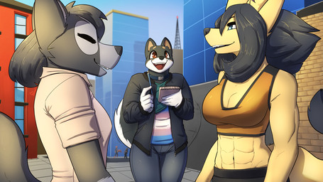 abs black_body black_fur black_hair black_nose blouse blue_eyes bomber_jacket bra breasts brown_eyes city city_background cleavage clothed clothing collar dipstick_tail eyes_closed female fur grey_body grey_fur hair happy jacket lgbt_pride markings midriff multicolored_clothing multicolored_topwear muscular muscular_female navel outside pride_color_clothing pride_color_topwear pride_colors smile sports_bra tail tail_markings tail_motion tailwag topwear transgender_pride_colors underwear unzipped unzipped_jacket white_body white_fur yellow_body yellow_fur zipper zipper_jacket feretta fenavi_montaro vixavil_hayden canid canine canis domestic_dog fennec_fox fox mammal red_fox shiba_inu silver_fox spitz true_fox 16:9 2022 digital_media_(artwork) hi_res shaded widescreen herm_(lore)