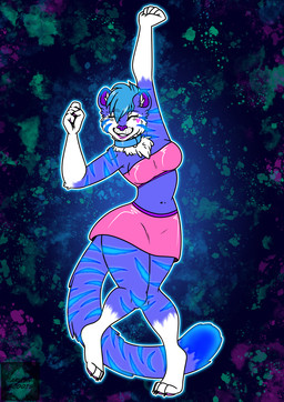 anthro blacklight bottomwear clothing collar female glowing glowing_markings glowing_stripes heart_(marking) markings raised_arm skirt solo striped_body stripes topwear tube_top arwenscoots conditional_dnp felid mammal pantherine tiger hi_res