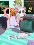 anthro bottomwear clothing electronics fur grey_body grey_fur grey_hair hair half-closed_eyes lying male narrowed_eyes neck_tuft on_side pink_body pink_skin shirt shorts smile solo t-shirt television topwear tuft white_body white_fur freakster playstation playstation_1 sony_corporation sony_interactive_entertainment american_opossum mammal marsupial virginia_opossum hi_res