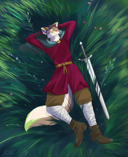 anthro belt boots cloak clothed clothing eyes_closed footwear fully_clothed grass green_nose hands_behind_head leg_wraps lying male melee_weapon on_back plant red_clothing red_shirt red_topwear relaxing shirt shoes smile solo sword topwear weapon wraps keinooc james_(mistah_novikov) canid canine canis coyote mammal absurd_res hi_res