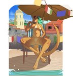 2024 absurd_res anthro beach beach_chair beach_umbrella bikini bikini_bottom bikini_top breasts building bulge chair claws clothing detailed_background digital_media_(artwork) digital_painting_(artwork) dinosaur eyewear eyewear_on_head flag front_view full-length_portrait furniture green_hair gynomorph hair hi_res inner_boob intersex italian_flag looking_at_viewer on_chair orange_body orange_face orange_scales orange_skin orange_tail parasol portrait reptile rune4 sand scales scalie sea seaside sitting sitting_on_chair smile solo sunglasses sunglasses_on_head swimwear tail teeth toe_claws water white_bikini white_bikini_bottom white_bikini_top white_clothing white_swimwear