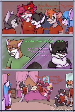 accessory anthro bed bedroom black_body black_fur blue_eyes blue_hair breasts brown_eyes chatting clothing dialogue female female/female flower flower_accessory flower_in_hair fluffy fluffy_tail fur furniture green_eyes group hair hair_accessory male male/female on_bed open_mouth paws pillow pink_bed plant red_body red_fur red_hair shirt sitting sitting_on_bed smile t-shirt tail text topwear trio young young_anthro young_female zenith-bell beatrix_(masterofall) colleen_(masterofall) padraig_(masterofall) skye_(masterofall) viola_(masterofall) wanda_(masterofall) american_opossum canid canine canis domestic_cat felid feline felis fox mammal marsupial sabertooth_feline virginia_opossum wolf 2:3 comic english_text hi_res