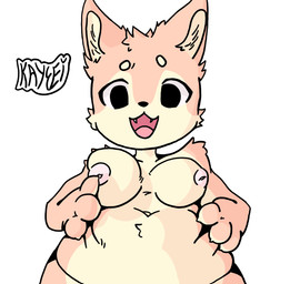 anthro arm_tuft belly belly_grab belly_overhang belly_tuft breast_play breast_squish breasts cheek_tuft circle_eyebrows claws deep_navel eyebrows facial_tuft fangs female finger_claws fur furrowed_eyebrows inner_ear_fluff multicolored_body navel nipples open_mouth overweight overweight_anthro overweight_female pink_body pink_fur pink_nipples raised_eyebrow shoulder_tuft simple_background solo squish tan_body tan_fur teeth tuft two_tone_body kaysei canid canine fox mammal digital_media_(artwork) shaded simple_shading