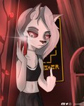 anthro bottomwear canid canid_demon canine cellphone clothing collar crop_top demon electronics female furaffinity furaffinity_logo gesture hair hand_gesture hellhound helluva_boss hi_res holding_cellphone holding_object holding_phone holding_smartphone instagram instagram_logo kuwsh long_hair loona_(helluva_boss) mammal middle_finger miniskirt mirror_selfie multicolored_body mythological_canine mythological_creature mythology phone red_sclera selfie shirt skirt smartphone solo topwear twitter twitter_logo two_tone_body white_eyes