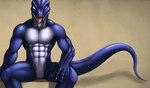 abs anthro biceps biped blue_eyes featureless_crotch horn male muscular muscular_anthro muscular_male nude open_mouth pecs scales simple_background sitting solo teeth tongue white_background h56_(hikkoro) lizard lizardman reptile scalie