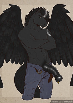 abs animal_genitalia animal_penis anthro belt bottomwear clothed clothing crossed_arms denim denim_bottomwear denim_clothing equine_genitalia equine_penis erection genital_piercing genitals jeans looking_at_viewer male male_anthro medial_ring muscular muscular_anthro muscular_male open_belt open_bottomwear open_clothing open_pants pants penis penis_piercing piercing prince_albert_piercing sheath simple_background solo standing tail text topless topless_anthro topless_male wings tanutanuki mythology roukan_(pegasus) equid equine mammal mythological_creature mythological_equine pegasus 2022 hi_res url