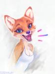 anthro blue_eyes breasts clothed clothing fangs female fur looking_at_viewer open_mouth orange_body orange_fur sharp_teeth smile solo teeth tongue coonkun canid canine fox mammal