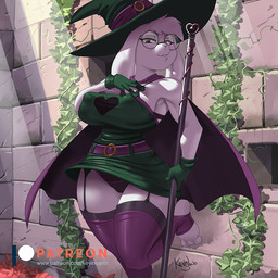anthro breasts clothed clothing crossgender eyewear female fur glasses gloves handwear hat headgear headwear legwear looking_at_viewer mtf_crossgender nipple_outline patreon_logo solo text thick_thighs website_logo white_body white_fur kevinsano deltarune patreon undertale_(series) ralsei bovid caprine darkner goat mammal 1:1 2020 digital_media_(artwork) signature url