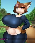 anthro big_breasts black_clothing black_collar black_leggings black_legwear black_topwear blush breasts brown_body brown_fur brown_hair clothed clothed_anthro clothed_female clothing collar curvy_anthro curvy_female curvy_figure female fur hair hair_over_eye hourglass_figure hourglass_figured_anthro hourglass_figured_female huge_breasts leggings legwear looking_at_viewer midriff minecraft_background purple_eyes solo text thick_thighs topwear wide_hipped_anthro wide_hipped_female wide_hips foxgumie microsoft minecraft mojang xbox_game_studios jenny_(slipperyt) canid canine fox fox_(minecraft) mammal 2024 4:5 english_text hi_res