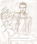 anthro beard bed bodily_fluids clothing duo facial_hair furniture hospital_bed male overcoat shirt sweat sweatdrop topwear tohofuhai house.m.d. gregory_house canid canine canis human mammal wolf sketch